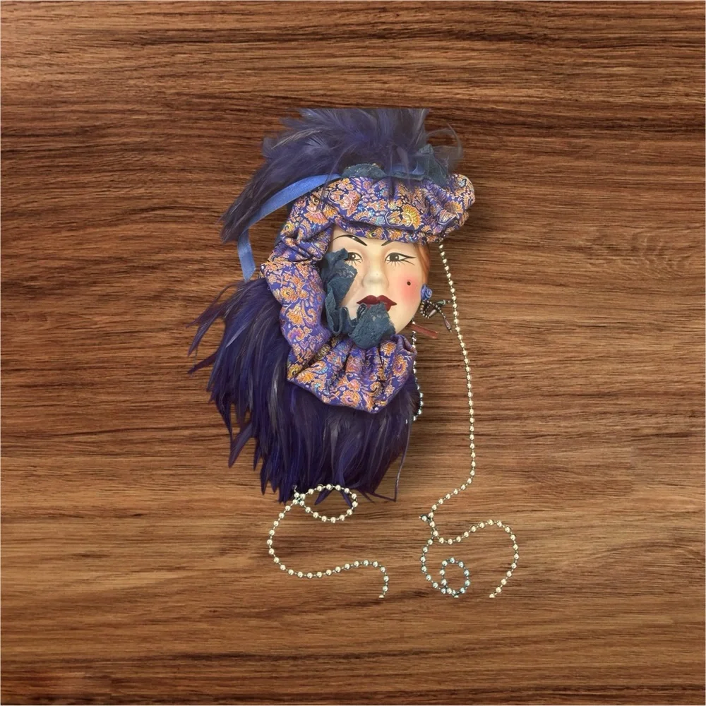 Lady Face Mask Wall Hanging Decor in Vibrant Blue and Gold